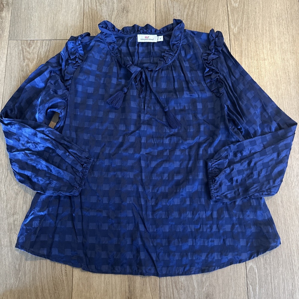 Vineyard Vines Women's Silk Rayon Blend LS Buffalo Plaid Ruffle Shirt Small